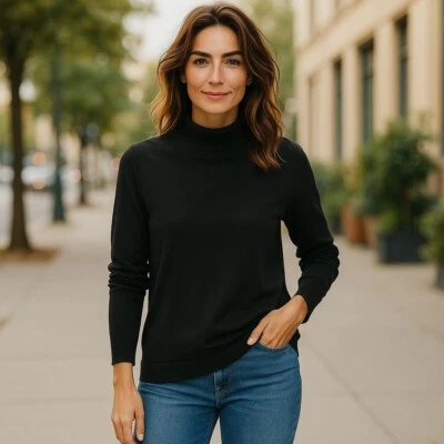 Chicos Mandie Pullover Off-the-Shoulder Sweater Black Cowl Neck Ribbed Neck Hems - Image 1 of 4