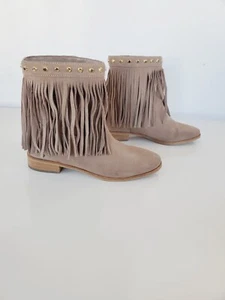 MICHAEL KORS Suede Taupe Billy Gold Studded Fringe MidCalf Boots Sz 8 Women Shoe - Picture 1 of 13