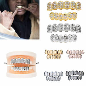 Gold Silver Plated Top & Bottom Set Hip Hop Teeth w/ Diamond Grill Mouth Grills