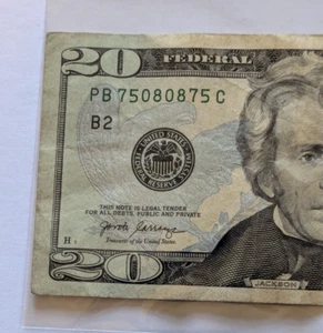 Radar Fancy Number $20 Dollar Bill PB75080875C Federal Reserve Note 2017A 08/75 - Picture 1 of 5
