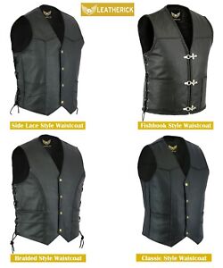 Men Classic Black Biker Style Genuine Leather Motorcycle Waistcoat Cut Off Vests