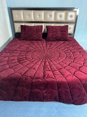 Burgundy Velvet Quilt King Comforter Spider Bedspread Blankets Bedding set - Image 1 of 4