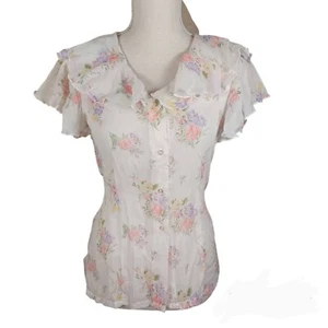 Vintage Avon Fashions Floral Top Womens 7/8 Cream -Ruffle V-Neck & Sleeves - Picture 1 of 14