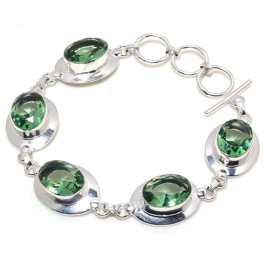 Brazalete de joyería de plata de ley 925 hecho a mano con piedras preciosas de amatista verde tamaño 7-8" Foto 1 de 1