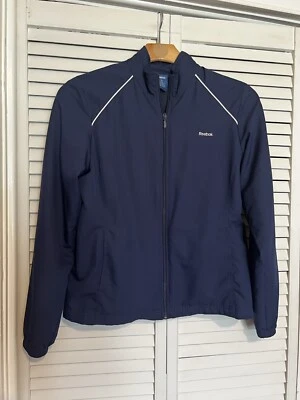 Jaqueta feminina REEBOK média M terno de pista azul marinho branca costurada logotipo retrô - Imagem 1 de 4
