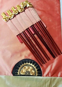 Old 6 Silk Like Placemats, Chopsticks, Chopstick Holders. Pink & Gold. Asian - Picture 1 of 8