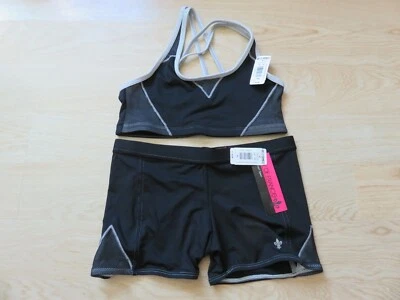 Conjunto de sujetador deportivo Lily of France pantalones cortos deportivos negro con inserciones de malla gris pequeño Foto 1 de 2