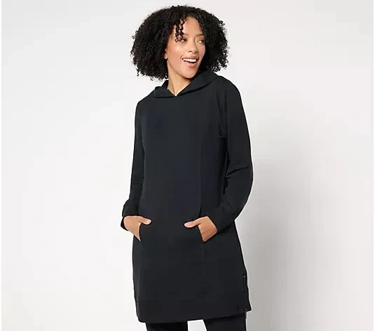 Denim & Co. Active Reg Terry Hooded Tunic Pullover Black Small A659423 - Image 1 of 1