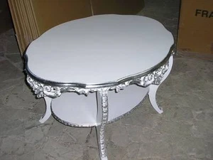 TAVOLO TAVOLINO OVALE IN LEGNO DECORO BIANCO E ARGENTO SOGGIORNO SALOTTO - Imagen 1 de 1