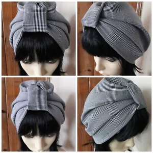 vintage inspired 20s Checked winter turban hijab hat size M 61 cm black&white/ - Picture 1 of 12