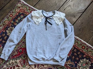 Topshop Womens Grey Cotton Sweatshirt Top Lace White Collar Size M 12 14 - Picture 1 of 6