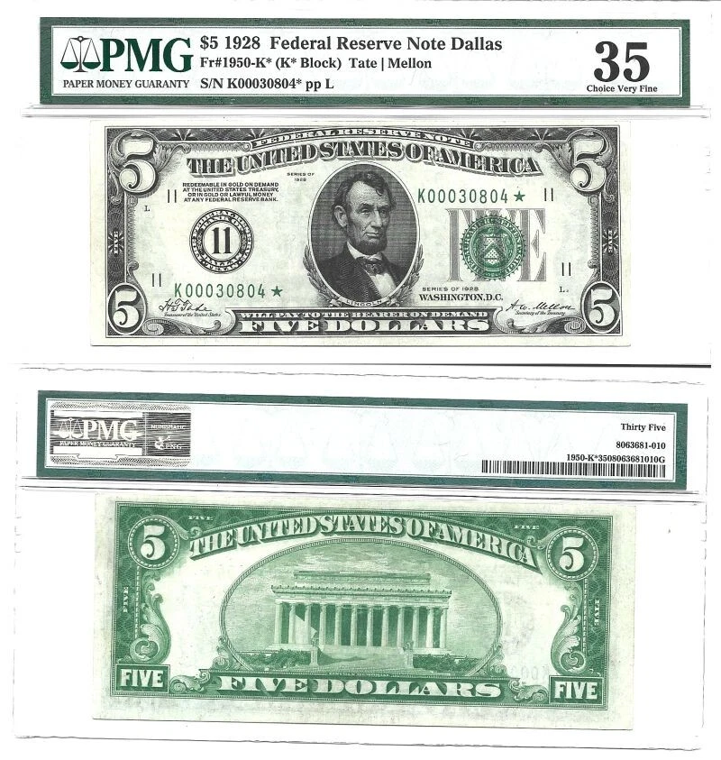 1928 $5 Federal Reserve Star Note Fr-1950-K* PMG VF-35 - Image 1 of 1