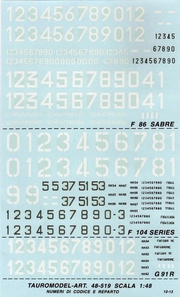 TAURO MODEL TM48/519 NUMERI DI REPARTO/MATRICOLE AMI. x G.91R, F-104, F-86 1:48 - Immagine 1 di 1