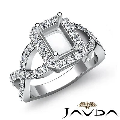 Cross Shank Emerald Cut Semi Mount Diamond Engagement Ring 18k White Gold 0.67Ct - Image 1 of 4