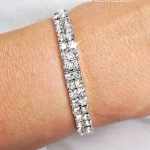 Ladies Cubic Zirconia Crystal Tennis Bracelet in Silver Elastic Bridesmaid Gift - Picture 1 of 9