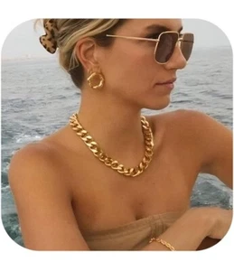 Chunky Thick Cuban Link Curb Chain Necklace for Women Men 18K Gold Tone 18” - Picture 1 of 6