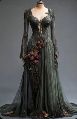 Vintage Dark Green Wedding Dresses with 3D Flowers Long Sleeves Bridal Gowns - Image 1 of 4
