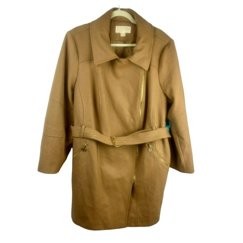 NUOVO Cappotto Michael Michael Kors Donna Plus 2X Marrone Cammello Cintura Asimmetrica