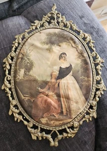 Vintage Kunstdekor Bild Seide selten 2 Frauen in einem Garten ln Bronze Rahmen - Bild 1 von 5