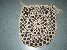 Vintage Antique Crochet Ecru Drawstring Wedding Bag Purse Black Liner