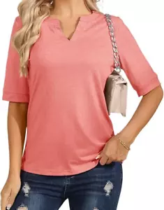 Women's T Shirts V Neck Elbow Short Sleeve Loose Fit Casual Blouses Tops XL - Picture 1 of 6