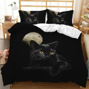 Black Cat Duvet Cover Pillowcase Set Single Double Bedding Set Quilt Cover new - Picture 1 of 13
