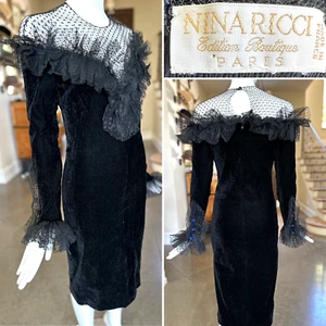 Nina Ricci Vintage 1970's Ruffled Sheer Polka Dot Lace Velvet Cocktail Dress - Picture 1 of 14