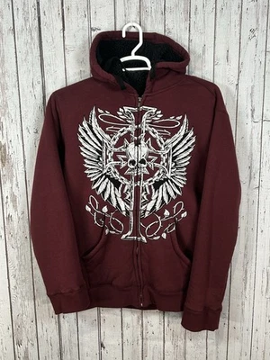 Vintage Y2K Route 66 Affliction AOP Skulls Full Zip Sherpa Lined Hoodie Tagged L - Image 1 of 4