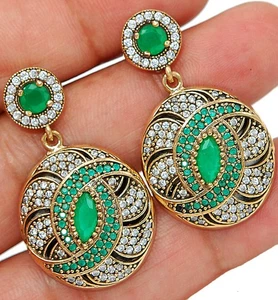 Ottoman Empire Style 10CT Treated Emerald 925 Sterling Silver Earrings S3-8 - Picture 1 of 2