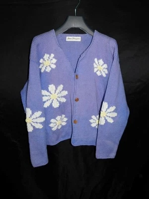 Cárdigan Suéter Vintage Norm Thompson XL Púrpura Flor Margarita Algodón Cottagecore Foto 1 de 4