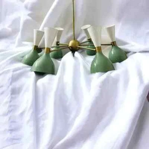 1950's Mid Century Chandelier Brass White Green Sputnik Pendent Urchin Light - Picture 1 of 4
