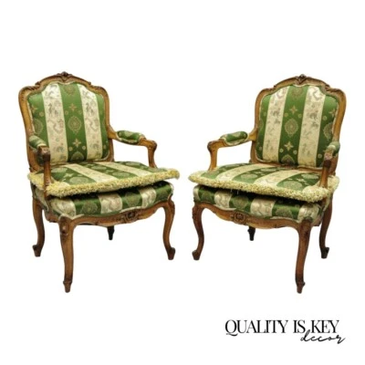 Antique French Louis XV Style Green & Gold Walnut Fauteuil Arm Chairs - a Pair - Image 1 of 4