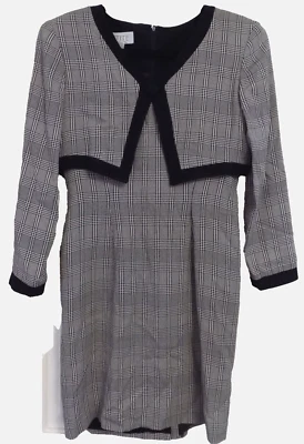 Vtg USA Petite Sophisticate Sheath w faux crop jacket Plaid Black trim White 6P - Image 1 of 4