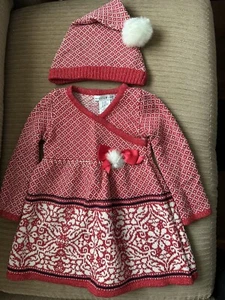 Maggie & Zoe Red Sweater Dress Knit Fair Isle Holiday and Hat Girls 24 Months - Picture 1 of 7