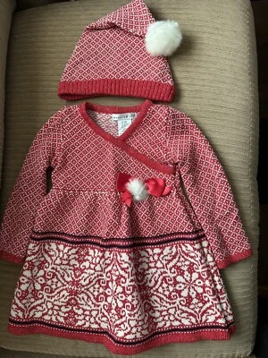 Maggie & Zoe Red Sweater Dress Knit Fair Isle Holiday and Hat Girls 24 Months - Image 1 of 4