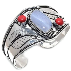 Blue Lace Agate, Coral Gemstone 925 Sterling Silver Cuff Bracelet Adst. j992 - Picture 1 of 8
