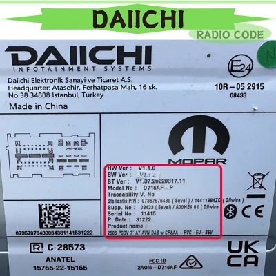 DAIICHI Radio Code For PEUGEOT BOXER LANCIA YPSILON FIAT FIORINO QUBO PUNTO - Image 1 of 2