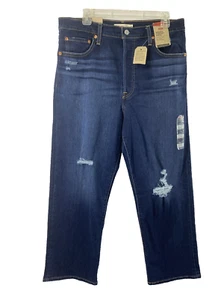 Jeans Levi's Ribcage dritto alla caviglia donna taglia 32 Distress denim lavaggio scuro nuovo con etichetta - Foto 1 di 16