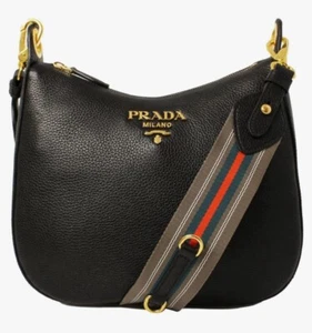 New With Tag Prada Vitello Phenix BlackLeather Web Stripe Crossbody Bag - Picture 1 of 11