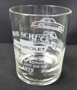 Vintage Bob Schuck Chevrolet GM dealer tumbler etched glass Nicollet New Ulm MN - Picture 1 of 5