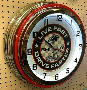 19" SHELBY LIVE FAST DRIVE FASTER Double Neon Clock Cobra Mustang GT350 GT500 - Picture 1 of 2