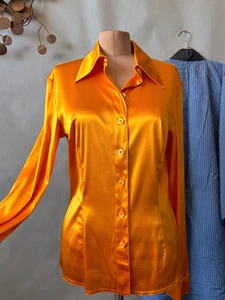 Vintage 90er Escada Bluse gelb Flamme Seide Stretch Satin Bluse Gr. 38 US 8 10 - Bild 1 von 13