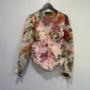 Newport News Floral Sheer Blouse Top Long Sleeve Button Down Size 12 Cottagecore - Picture 1 of 7