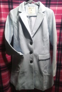 ALLEGRA K Pea Coat Women's Medium Baby Blue Notch Collar Three-Button Faux-Wool - Picture 1 of 6