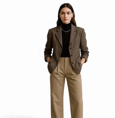 Blazer Le Suit Marrón Lino Mezcla Algodón Tres Botones Rayas Talla 6 Foto 1 de 4