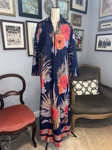 Vtg Kaftan Mrs Roper Floral Hawaiian Dress MuMu Mrs Roper Medium Caftan 70s 60s - Picture 1 of 15