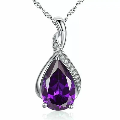 2CT Pear Cut Lab Created Amethyst Diamond Women Pendant 14K White Gold Plated - Image 1 of 4