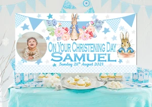 Personalised Peter Rabbit Banner photo Blue Boys Christening Baptism decorations - Picture 1 of 20