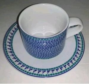 Dansk Mosaic Tiles Cup Saucer Set Made in Portugal Coffee Tea Blue Green White - Picture 1 of 5
