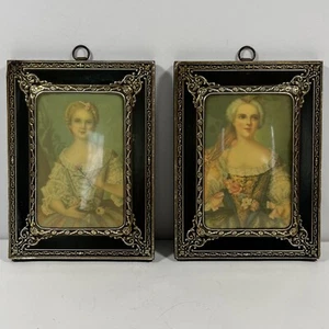 2 Miniature Ladies Portraits Antique Style Stamped Foil Wood Panels 5.5" Vintage - Picture 1 of 11